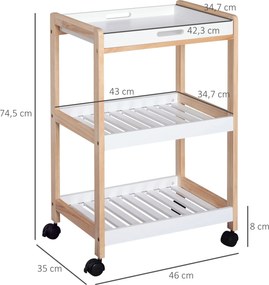 HOMCOM Konyhai Szolgáltató Kocsi Kerekekkel 2 Polc + Leszedhető Tálca Fenyőfa MDF Fehér | Aosom
