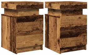 2 db antik fa színű szerelt fa LED-es éjjeliszekrény 35x39x55cm