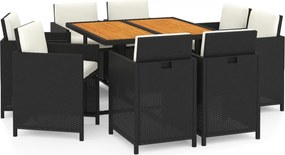 vidaXL 9 részes fekete polyrattan kerti étkezőgarnitúra párnákkal