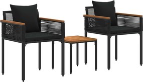 vidaXL Kültéri Bútor Szett párnával 3 pcs Fekete PE Rattan