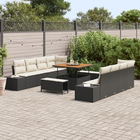 11 részes kertikanapékészlet párnákkal fekete poli rattan akáccal, 2 személyes kertikanapé párnákkal fekete poli rattan, 3 részes kertivacsora készlet párnákkal fekete poli rattan akáccal