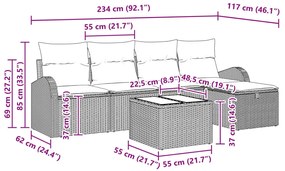 6 darabos kertiszófa szett párnákkal, világosszürke poli rattan