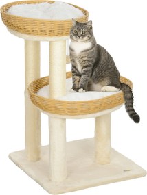 PawHut Macska Fa, Mászófa, 75,5 cm Magas, Két Rattan Macskaággyal, Kaparóoszlopokkal, Mosható párnákkal, Játék Labdával, Bézs | Aosom