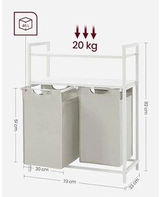 Szennyestartó, szennyeskosár két polccal, 2 x 46L, fehér