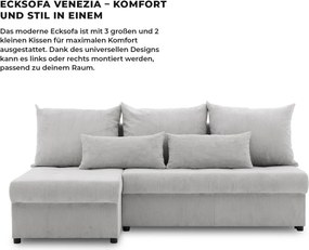 Venezia sarokkanapé, 3 ágyneműtartóval, kordbársony, univerzális oldal, hab töltet, szürke