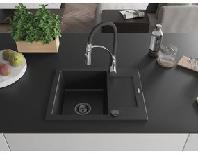 Mexen Enzo, 1 kamrás gránit mosogató 576x465x174 mm és Aster mosogató csaptelep, fekete, 6506-77-73450-07-B