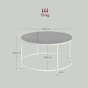 Kerek dohányzóasztal 84 x 45,5 cm, üvegasztal acél vázzal, fehér és szürke üveg