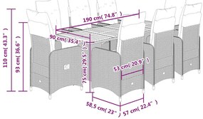 9 részes fekete polyrattan kerti bisztrógarnitúra párnákkal