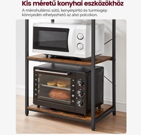 Konyhai állópolc 6 polccal és 6 S-kampóval, mikrohullámú sütőhöz és kávéfőzőhöz, 60 x 40 x 167 cm, rusztikus barna/fekete