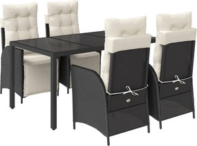 vidaXL 5 részes fekete polyrattan kerti étkezőgarnitúra párnákkal