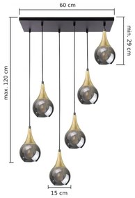 Csillár zsinóron LACRIMA SMOKY 6xE27/60W/230V fekete/arany/füstös fekete