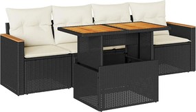 vidaXL 5 részes fekete polyrattan akácfa kerti kanapészett párnákkal