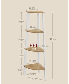 VASAGLE sarokkönyvespolc, 4 szintes létrás polc 33,3×33,3×125 cm, natúr - fehér színben