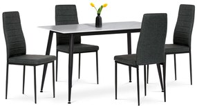 Set de dining 1+4, masă 130x70, blat din piatră sinterizată cu imitație de marmură alb mat, scaune tapițate cu material textil verde, finisaj negru lăcuit.