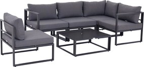 Outsunny 6 részes Kerti Bútor Szett: Patio Fotel Szett Kültéri Bútor Alumínium + Poliészter + Edzett Üveg Szürke, 4 x Szék, 1 x Sarokkanapé, 1 x Kávéz