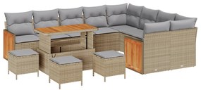 13 darabos kerti kanapé szett párnákkal bézs poly rattan akác, 4 darabos kerti étkező szett párnákkal bézs poly rattan akác
