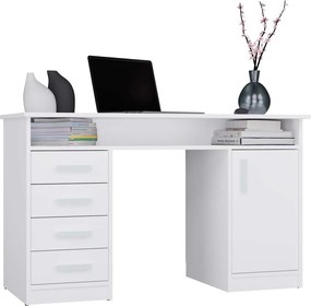 Ada íróasztal, 125 cm, 4 fiók, szekrény, polcok, fehér