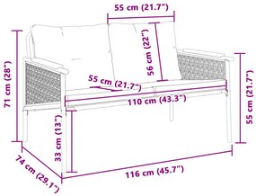 fekete acél kerti pad párnákkal 116 cm