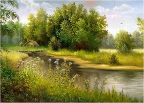 Kép - folyó az erdőnél, olajfestmény (üvegen) (70x50 cm)