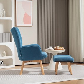 Karfás fotel lábtartóval, relax fotel, kárpitozott, kordbársony hatású, kék