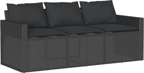 vidaXL fekete 3 személyes polyrattan kerti kanapé párnákkal