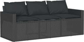 vidaXL fekete 3 személyes polyrattan kerti kanapé párnákkal