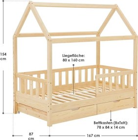 Természetes fa gyerekágy ház formában, tárolóval