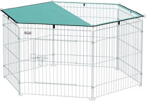 PawHut Kutya Játékkerítés 6 Panel 59x60 cm Összecsukható Fém Kerítés Kiskedvenceknek Ajtóval, Zárral és Tetővel Kerten, Teraszon, Kültéren Ezüst | Aos