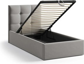 Szürke kárpitozott ágyneműtartós egyszemélyes ágy ágyráccsal 90x200 cm Phaedra – Micadoni