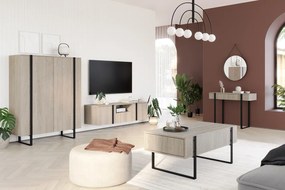Verica 150 cm-es TV-szekrény, falra szerelhető, nyitott polccal - szivacsos-tölgy / fekete fogantyúk