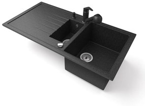 Gránit mosogató - Nero Solarys + kihúzható zuhanyfejes Shower csaptelep + adagoló + dugókiemelő (fekete)