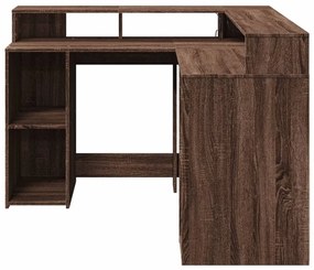 barna tölgy színű szerelt fa íróasztal LED-ekkel 130x130x91 cm