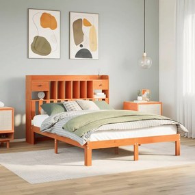 barna tömör fenyőfa könyvespolcos ágy matrac nélkül 135 x 190cm