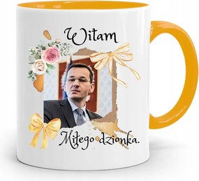 Sárga Politikus Bögre Mateusz Morawiecki Miniszterelnök fényképes nyomtatással