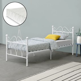 [en.casa] Fémkeretes ágy Apolda 90 x 200 cm porszórt (szinterezett) acél váz fehér, matt dekoratív fej-és lábrész egyszemélyes ágy hideghabos matraccal