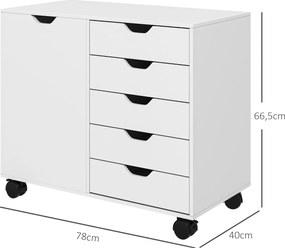 HOMCOM Irodai Tárolószekrény 5 Fiókkal és 1 Nyomtatóállvánnyal, Görgős, Állítható Polccal, 78 x 40 x 66,5 cm, Fehér | Aosom