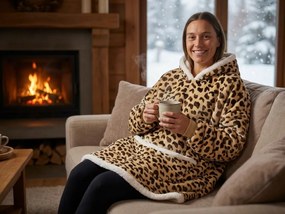 báránybunda hatású kapucnis, ujjas pléd LEOPÁRD, krémszínű