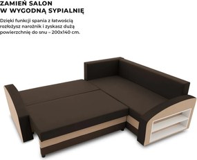 Grande sarokkanapé polcokkal , polc a jobb karfaban, jobboldali, szövet anyag, bonell töltet, barna