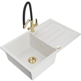 Mexen Bruno 1 kamrás gránit mosogató csepegtetővel és Duo konyhai csapteleppel, fehér - 6513-20-671701-57-G