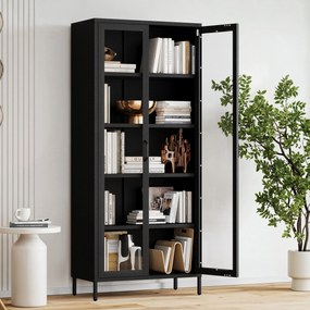 ANGELO üveges vitrin nappaliba – fekete fém, 800 x 1850 x 450 mm