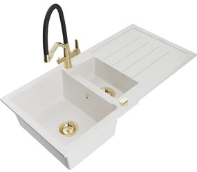 Mexen Andres 1,5 kamrás gránit mosogató csepegtetővel és Duo konyhai csapteleppel, fehér - 6515-20-671701-57-G