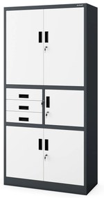 Fém iratszekrény széffel és fiókokkal FILIP II, 900 x 1850 x 400 mm, antracit-fehér