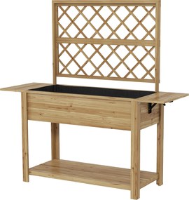 Outsunny Téglalap alakú Emelt Virágtartó Rácsos Háttal - Emelt kertágy 2 hajtható oldalsó polccal és 1 alsó polccal - fa méretek 140L x 45W x 151H cm