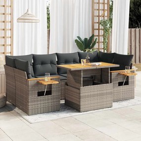 7 részes szürke polyrattan akácfa kerti ülőgarnitúra párnákkal
