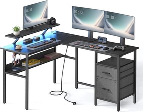 L alakú sarokíróasztal LED világítással, 4 konnektorral, 2 USB-porttal és monitorállvánnyal, 150 x 120 x 76 cm, fekete