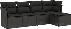 vidaXL 5 részes fekete polyrattan kerti kanapészett párnákkal