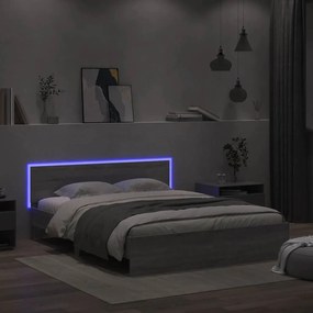 szürke sonoma színű ágykeret fejtámlával és LED-del 150x200 cm