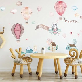 INSPIO Falmatrica gyerekszobába - Rózsaszín hőlégballon matrica névvel gyerekszobába