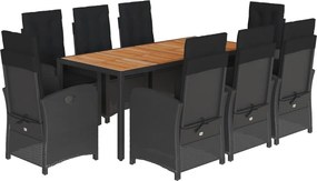 vidaXL 9 részes fekete polyrattan kerti étkezőgarnitúra párnákkal