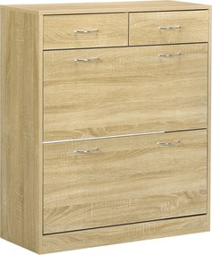 HOMCOM Keskeny Cipőszekrény Cipőtároló Szervező 2 Lehajtható Fiókkal és 2 Kivehető Fiókkal 12 Pár Cipő számára Előszobába 80x30x91,5 cm Tölgy | Aosom